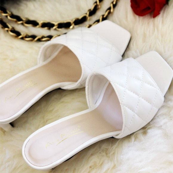 White Quilted Square Toe Heel Mules Sandal Shoes - Picture 2 of 10